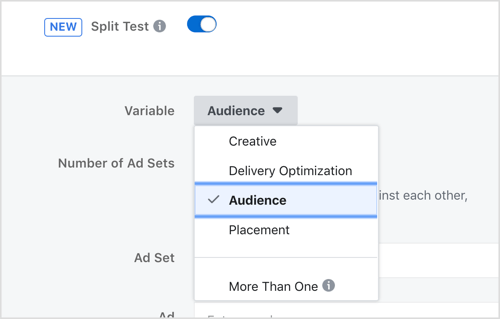 Pasirinkite kintamąjį, kurį norite išbandyti naudodami „Facebook“ padalijimo testavimo funkciją.