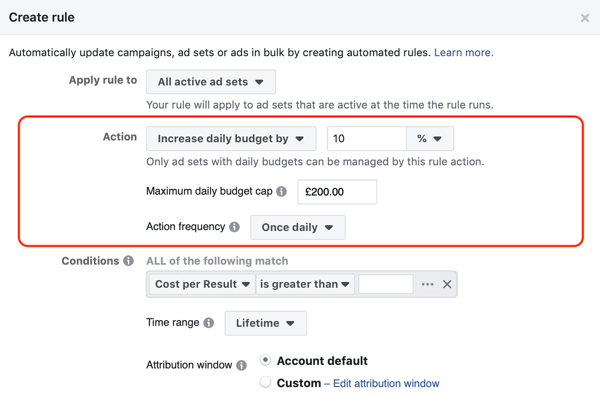 Naudokite „Facebook“ automatines taisykles, padidinkite biudžetą, kai SIG didesnė nei 2, 2 veiksmas, veiksmo nustatymai