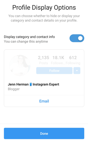 „Instagram“ kūrėjo profilio kategorijos pasirinkimas ir rodymas.