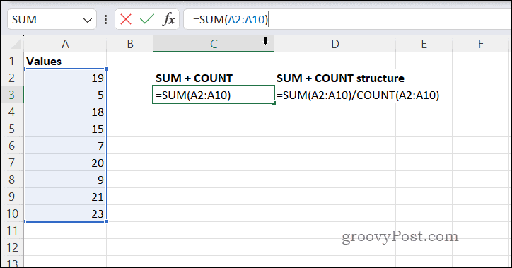 Vidurkių skaičiavimas naudojant SUMCOUNT programoje Excel