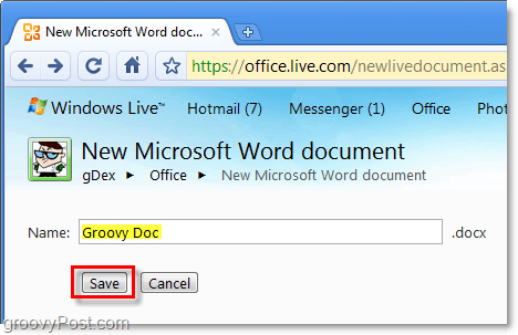 pavadinkite savo „Word“ dokumentą ir išsaugokite jį „Office Live Web App“