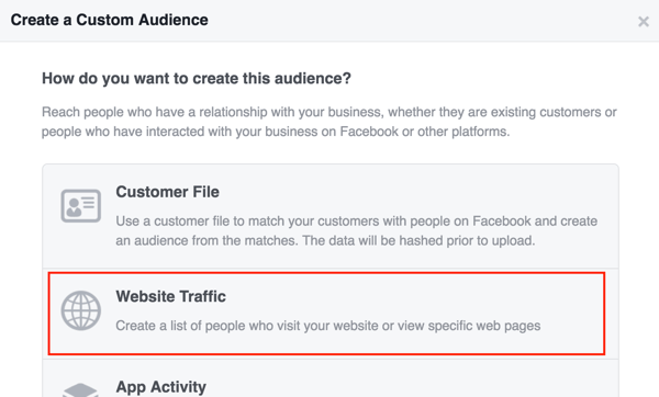 Sukurkite „Facebook“ pasirinktinę auditoriją pagal svetainės srautą.