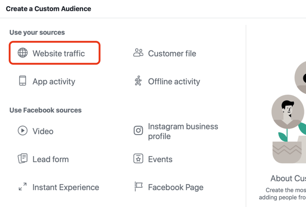 Naudokite „Facebook“ skelbimus norėdami reklamuotis žmonėms, kurie lankosi jūsų svetainėje, 2 žingsnis.