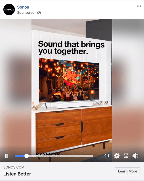 „Sonos“ „Facebook“ vaizdo įrašo skelbimo pavyzdys.
