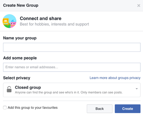 Užpildykite informaciją apie savo „Facebook“ grupę ir pridėkite narių.