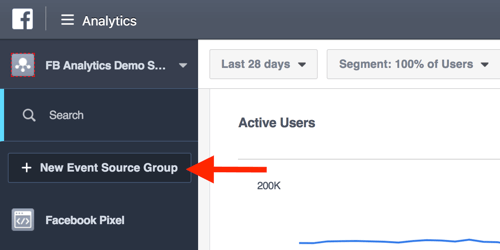 Sukurkite įvykių šaltinių grupes iš „Facebook Analytics“ informacijos suvestinės.