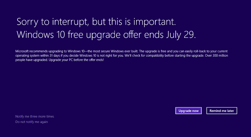 „Microsoft“ skelbia „Windows 10“ nemokamo pranešimo apie atnaujinimo pasiūlymą pabaigą
