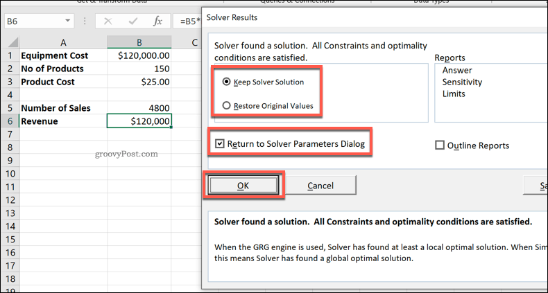 „Excel Solver“ rezultatų langas