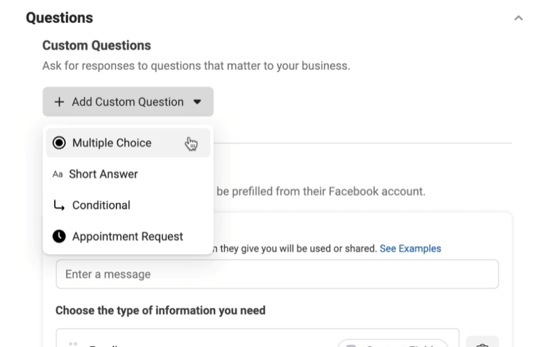 „Facebook“ potencialių klientų skelbimai sukuria naują potencialių klientų formos parinktį, kad pridėtumėte pasirinktinių klausimų meniu su kelių pasirinkimų, trumpo atsakymo, sąlyginio ar paskyrimo užklausos galimybėmis
