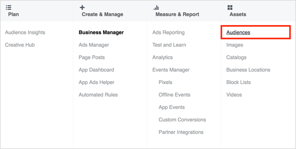 Norėdami sukurti tinkintą svetainės auditoriją, atidarykite „Ads Manager“ ir skiltyje „Turtas“ pasirinkite „Auditorijos“.