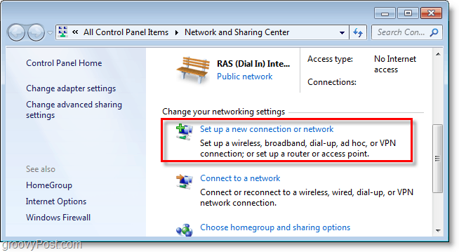 nustatyti naują ryšį ar tinklą „Windows 7“