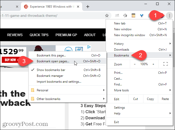 „Chrome“ meniu pasirinkite žymėti atidarytus puslapius