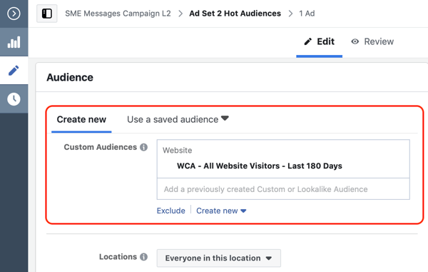 Kaip konvertuoti svetainės lankytojus naudojant „Facebook Messenger“ skelbimus, 2 žingsnis, sukurkite tinkintą svetainės auditoriją