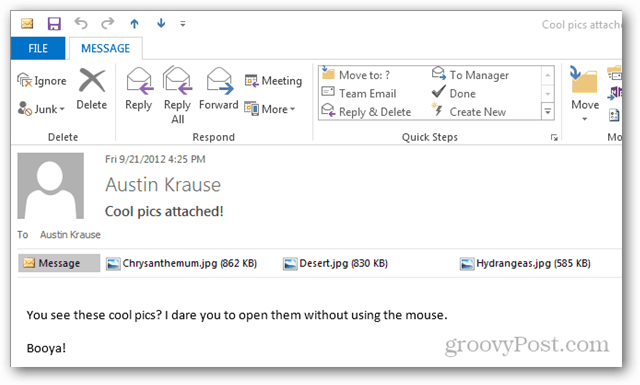 Kaip atidaryti priedus „Outlook 2013“ be pelės