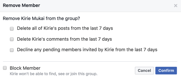 Narių įrašus, komentarus ir kvietimus galite ištrinti pašalinę juos iš „Facebook“ grupės.