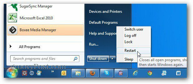 Pakeiskite „Windows 7“ meniu Pradėti maitinimo mygtuką į Visada paleiskite iš naujo