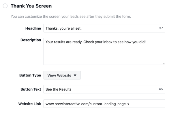 „Facebook“ potencialių klientų skelbimų kampanijos padėkos ekrano pavyzdys.
