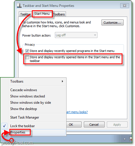 Kaip išjungti ir išvalyti „Windows 7“ pereinamųjų sąrašų istoriją