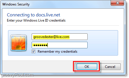 įveskite „Windows Live“ paskyros vartotojo vardą ir slaptažodį „Microsoft Office 2010“