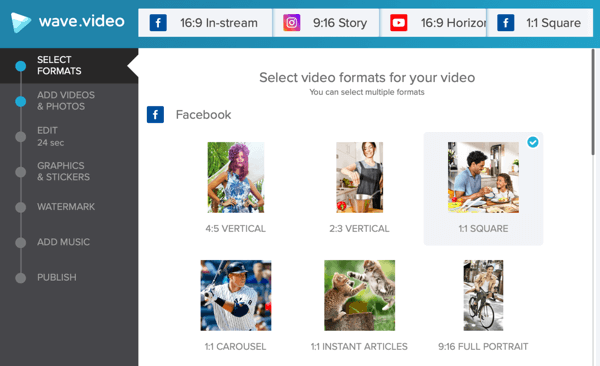 Sukurkite socialinių vaizdo įrašų strategiją, sukurkite vaizdo įrašą naudodami „Wave.video“, „facebook“ šablonų parinktis.