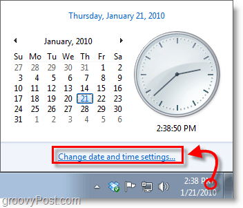 „Windows 7“ ekrano kopija - spustelėkite laikrodį ir pakeiskite nustatymus