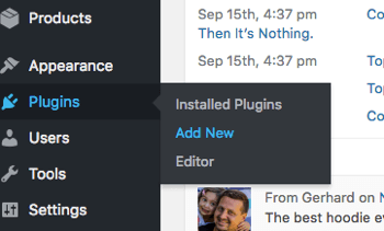 Skirtuke „Papildiniai“ pridėkite naują „WordPress“ papildinį.