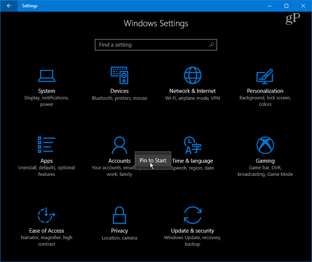 „Windows 10“ nustatymų kategorijos