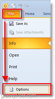 „Outlook“ 2010 m. naudokite failo juostą, kad atidarytumėte parinktis