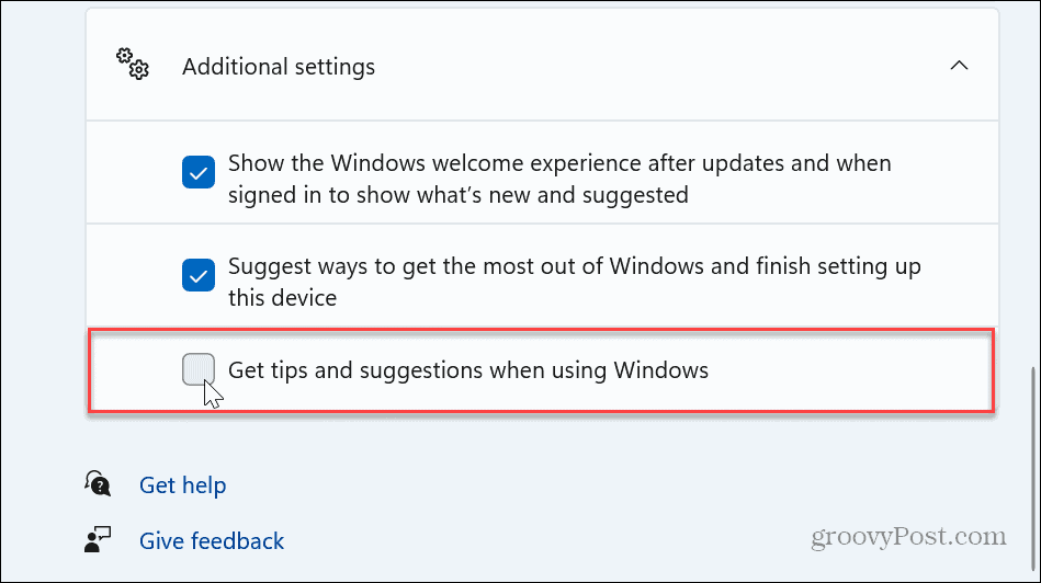 Išjunkite „Windows 11“ patarimų ir pasiūlymų pranešimus