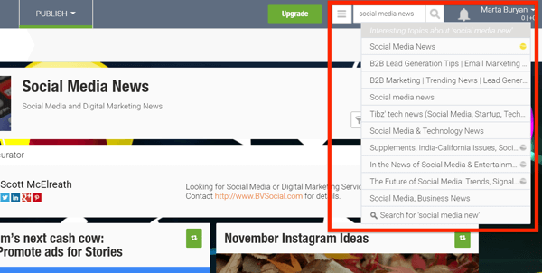 „Socialinės žiniasklaidos naujienų“ turinio sklaidos kanalų pavyzdžiai svetainėje Scoop.it.