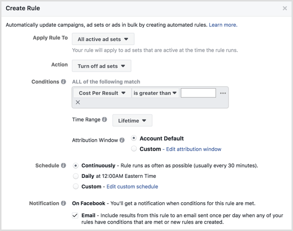 „Facebook“ automatizuotų taisyklių sąrankos langas