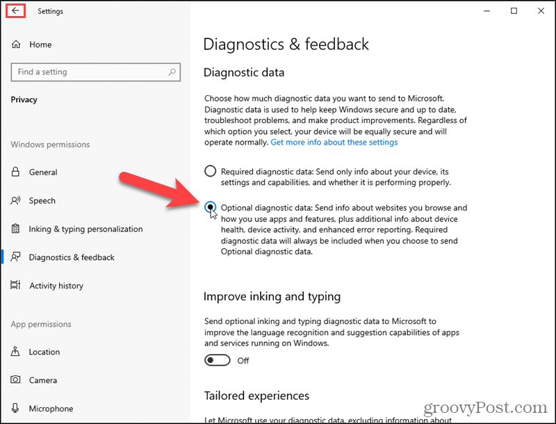 Įjunkite „Windows 10“ pasirenkamus diagnostikos duomenis