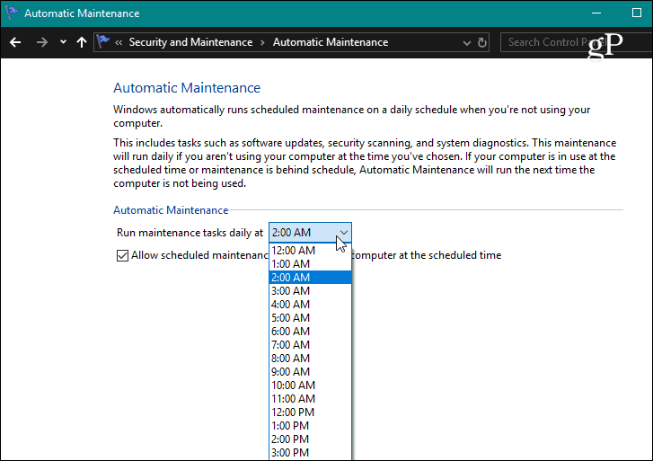 Nustatykite „Windows 10“ automatinės priežiūros laiką