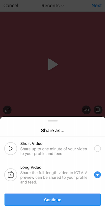 „Instagram“ vaizdo įrašo įkėlimas su bendrinimu, kai atidaromas meniu, ir pasirinkta ilga vaizdo įrašo parinktis