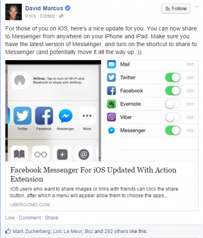 „„ Facebook Messenger “vartotojai, turintys„ iPhone “ar„ iPad “, dabar gali bendrinti nuotraukas ar nuorodas tiesiai į programą atnaujinę„ iOS “programą.
