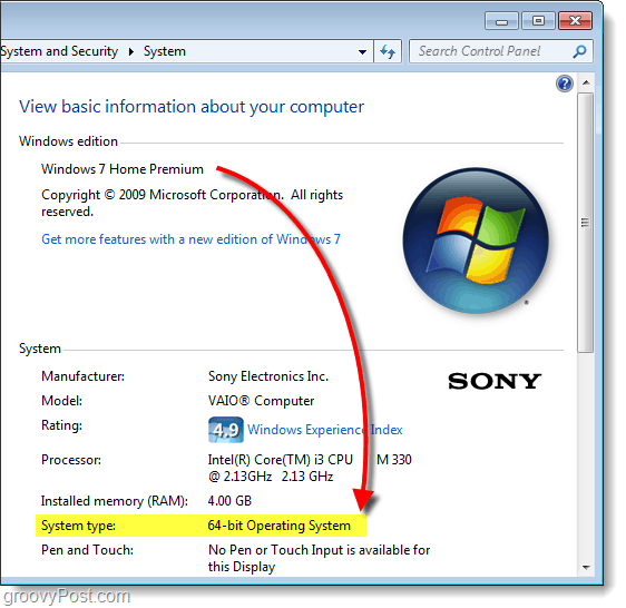 raskite 64 ar 32 bitų „Windows 7“ versiją