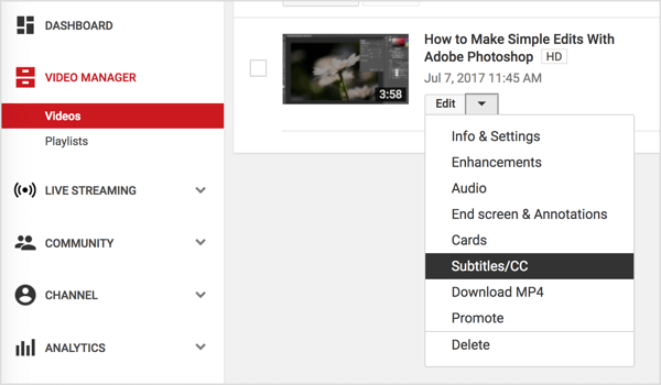 Eikite į „YouTube“ vaizdo įrašą ir išskleidžiamajame meniu Redaguoti pasirinkite Subtitrai.
