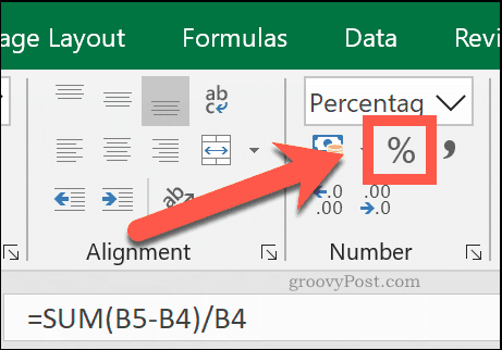 Norėdami nustatyti procentinę „Excel“ reikšmę, nustatykite langelio tipą „Procentage“