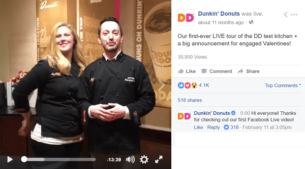 „Dunkin Donuts“ naudoja „Facebook Live“ vaizdo įrašą, norėdamas pakviesti gerbėjus už kadro.