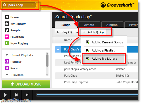 pridėkite ieškotas dainas prie savo „Grooveshark“ muzikos bibliotekos