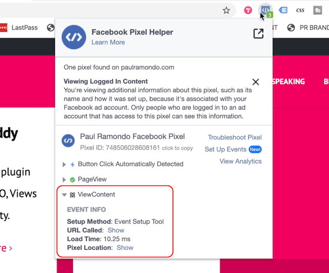 „Facebook Pixel Helper“ rodo puslapių peržiūros ir turinio įvykius