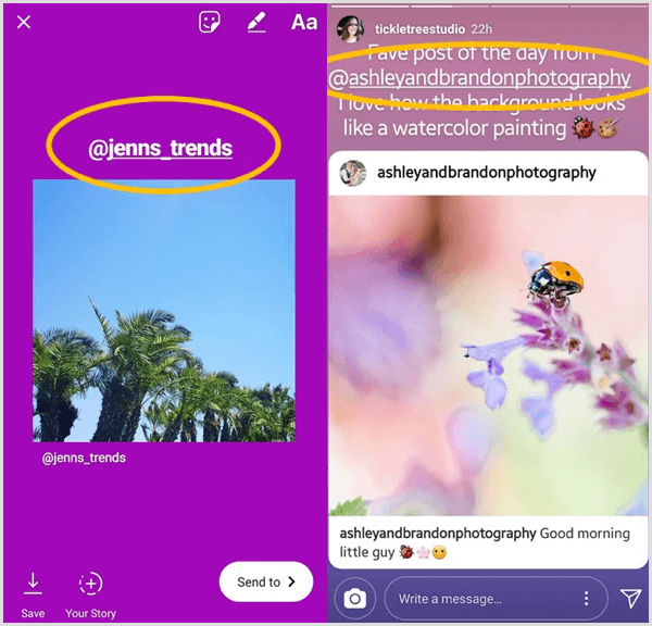 Pridėkite teksto laukelį, kuriame nurodomas pradinis vartotojas, ir pažymėkite jį bendrinamame „Instagram“ įraše.