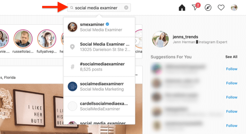 darbalaukio ekrano kopija, kurioje rodoma „Instagram“ paskyros paieška naudojant socialinės žiniasklaidos eksperto paieškos terminus
