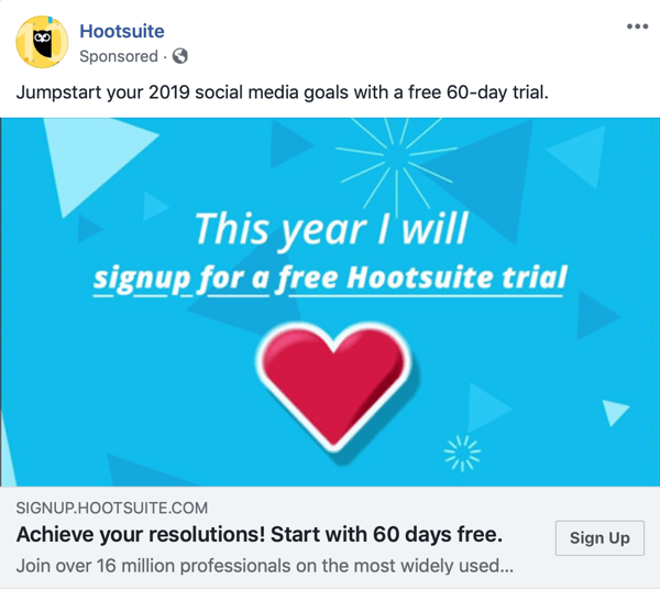 Rezultatų teikiančios „Facebook“ skelbimų technikos, pavyzdžiui, „Hootsuite“ siūlo nemokamą bandomąją versiją