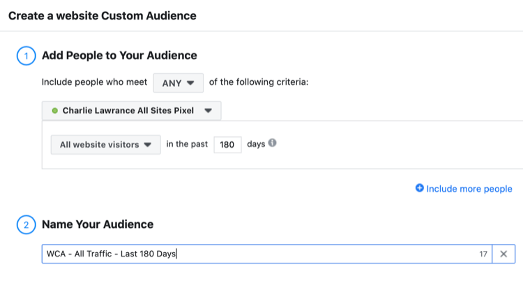 nustatykite „Facebook“ svetainės pasirinktinę visų svetainės lankytojų auditoriją per pastarąsias 180 dienų