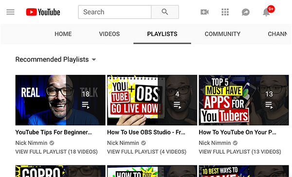 Tai Nicko Nimmino „YouTube“ kanalo grojaraščių ekrano kopija. Rodomi grojaraščiai iš kairės į dešinę yra pavadinti „YouTube“ patarimais pradedantiesiems, kaip naudotis „OBS Studio“ ir „YouTube“ svetainėje. .”