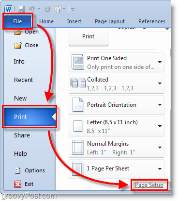 „Micosoft Word 2010“ ekrano kopija fone pasirinkite failą> spausdinimo meniu ir spustelėkite „Word 2010“ puslapio sąranką