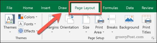„Excel“ puslapio išdėstymo meniu skirtukas