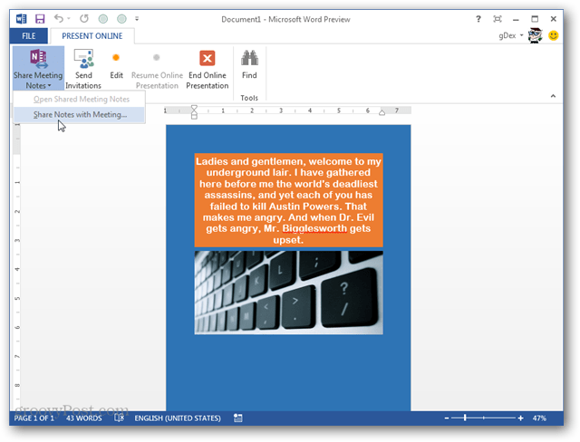 Greitai pateikite bet kurį „Office 2013“ dokumentą ar pristatymą internetu
