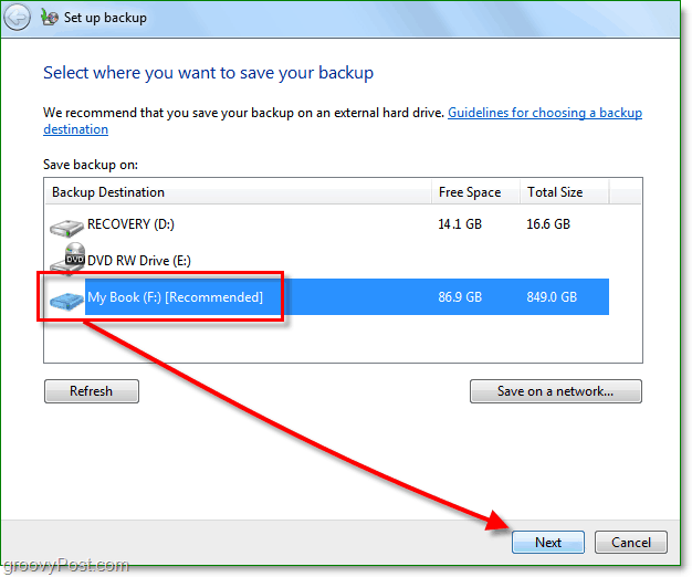 „Windows 7“ atsarginė kopija - pasirinkite atsarginės kopijos vietą
